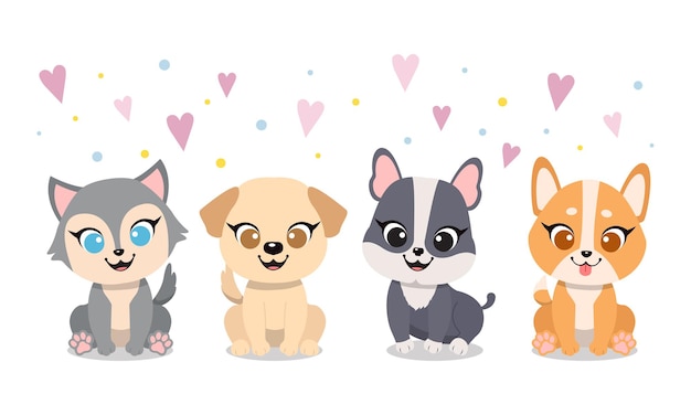 Cute lovely cartoon dogs in flat style