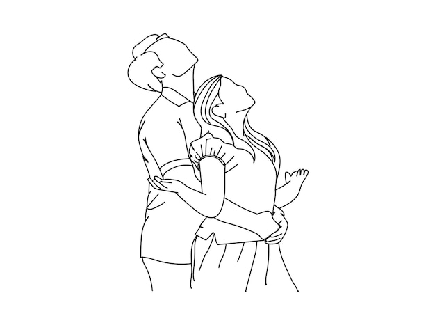 Vector cute lovely couple line art drawing