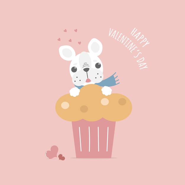 Vector cute and lovely hand drawn french bulldog pug with cupcake love concept happy valentines day