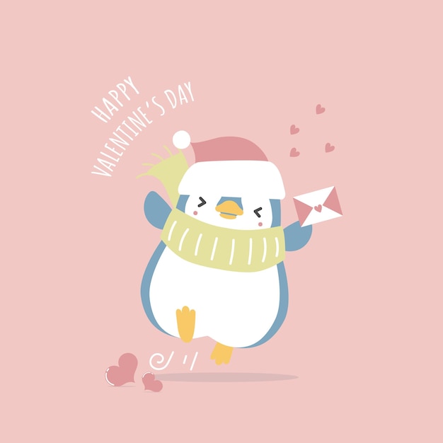 Carino e adorabile pinguino disegnato a mano che tiene lettera d'amore con cuore felice giorno di san valentino
