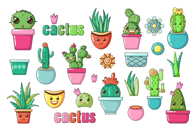 Vettore simpatiche piante da appartamento kawaii adorabili. fiori di cactus con facce kawaii in vaso. stile cartone animato isolato set di icone di scuola materna