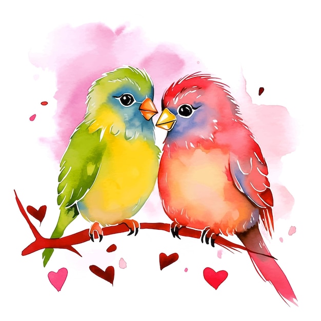 Vector cute lovely little birds watercolor paint