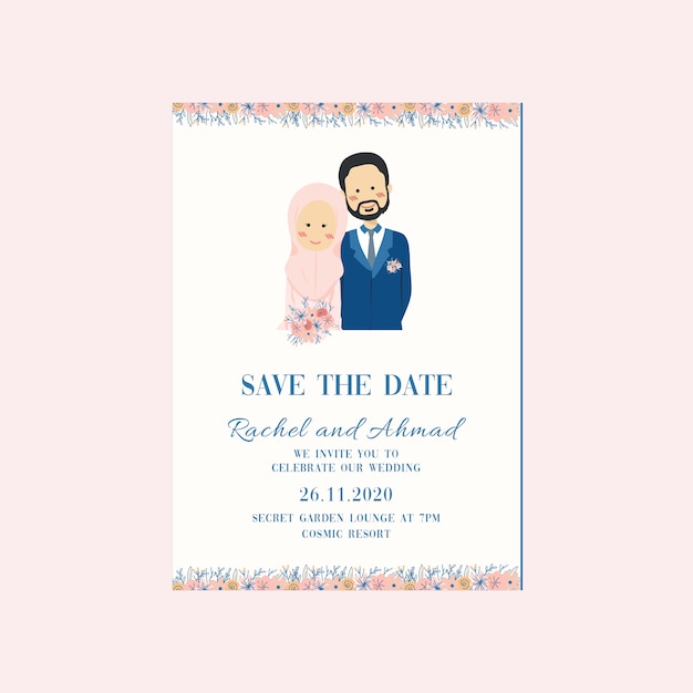 Cute lovely muslim couple portrait wedding invitation with flower frame