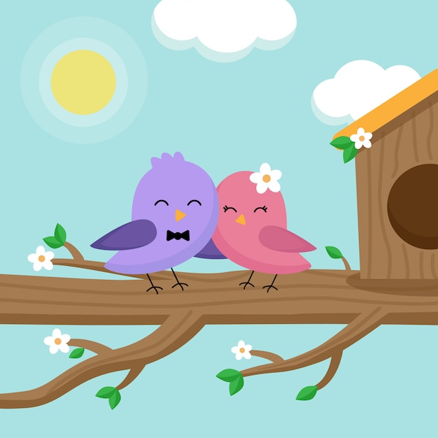 Vector cute lovely pair of birds siting on tree in spring.