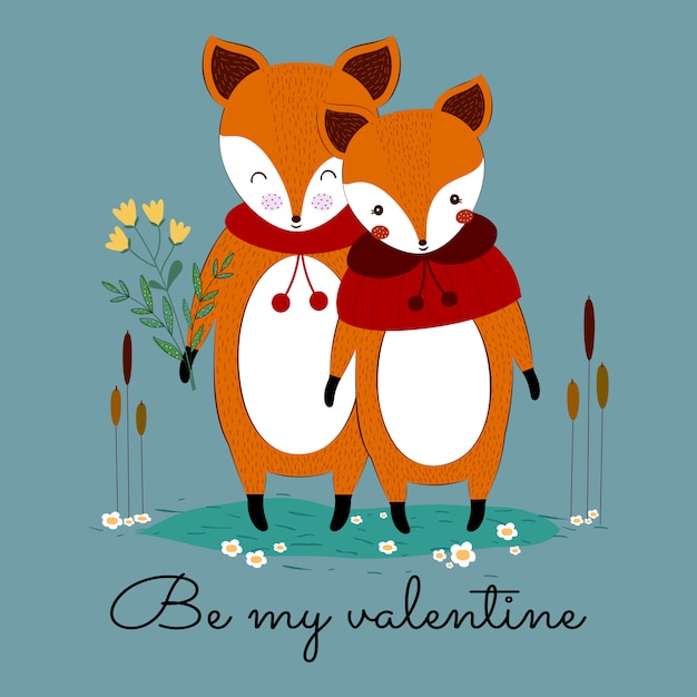 Vector cute and lovely valentine fox couple with beautiful flower