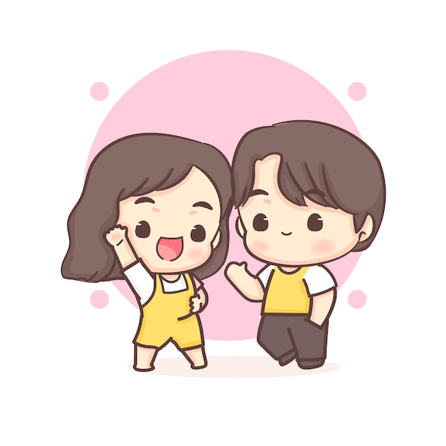 Cute lovers couple greeting pose. Happy valentine chibi cartoon character.