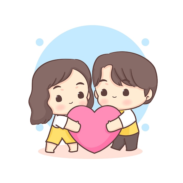 Cute lovers couple holding big love heart. Happy valentine chibi cartoon character.
