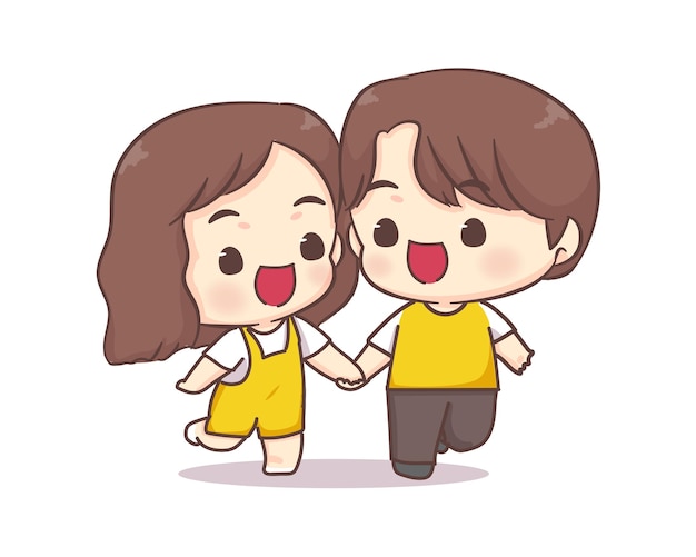 Симпатичная пара влюбленных, идущая вместе, персонаж мультфильма чиби. Счастливого дня святого Валентина