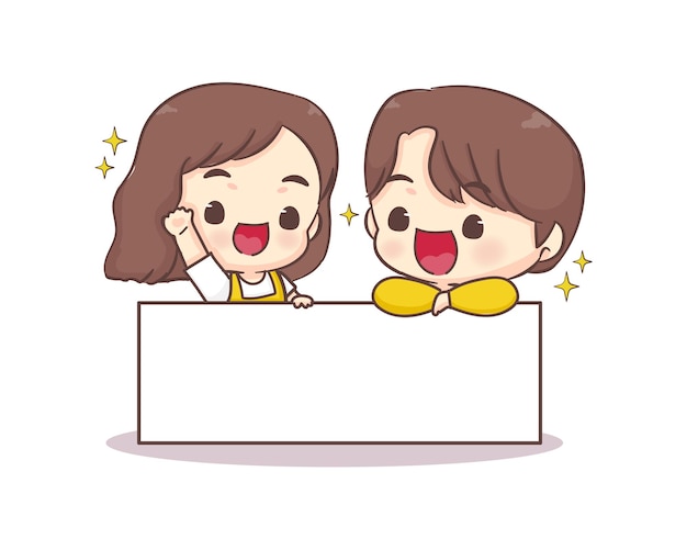 Cute lovers couple with empty space or white board. Happy valentine chibi cartoon character.