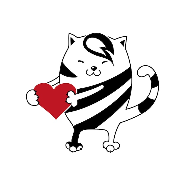 Vector cute, loving cat, holding a heart in its paws.