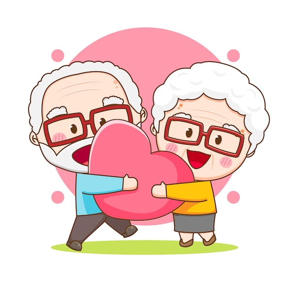 かわいい愛情のあるカップルおじいちゃんと大きな愛の心ちび漫画のキャラクターを保持しているおじいちゃん