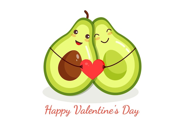 Милая любящая пара половинок авокадо, обнимающая и держащая сердце