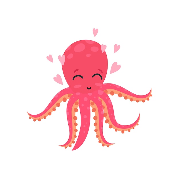 Вектор Симпатичный любящий осьминог в окружении розовых сердец забавный мультяшный персонаж морского животного дизайн для карточки с логотипом социальной сети или детской печати изолированная векторная иллюстрация в плоском стиле