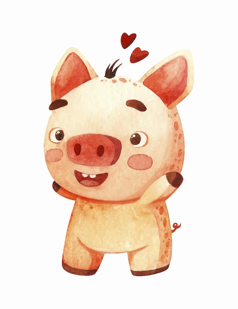 Cute loving piglet is jumping for love. Valentine's day, Romantic watercolor clipart.