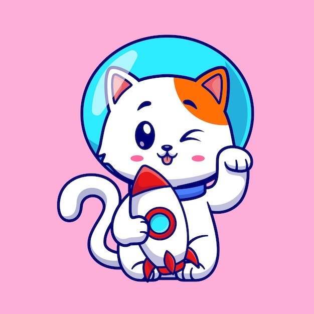 Cute Lucky Cat Astronaut Holding Rocket Cartoon Vector Icon Illustration. Animal Technology Isolated