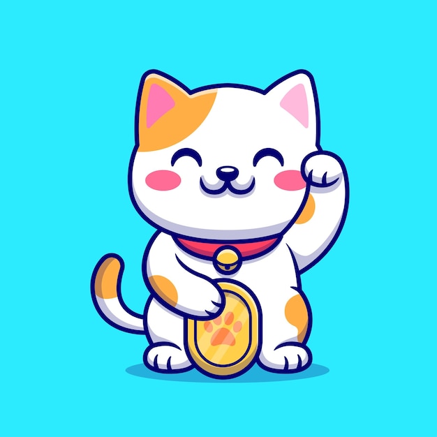 Vector cute lucky cat with gold coin cartoon vector icon illustration animal finance icon concept isolated