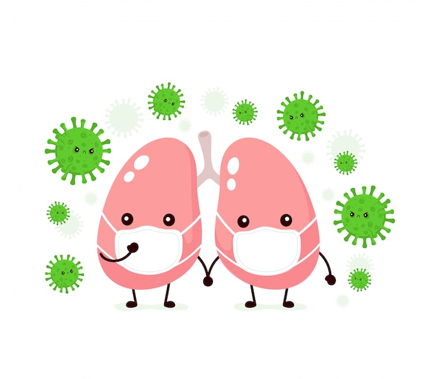 Cute lungs organ in medical mask attacked by viruses.