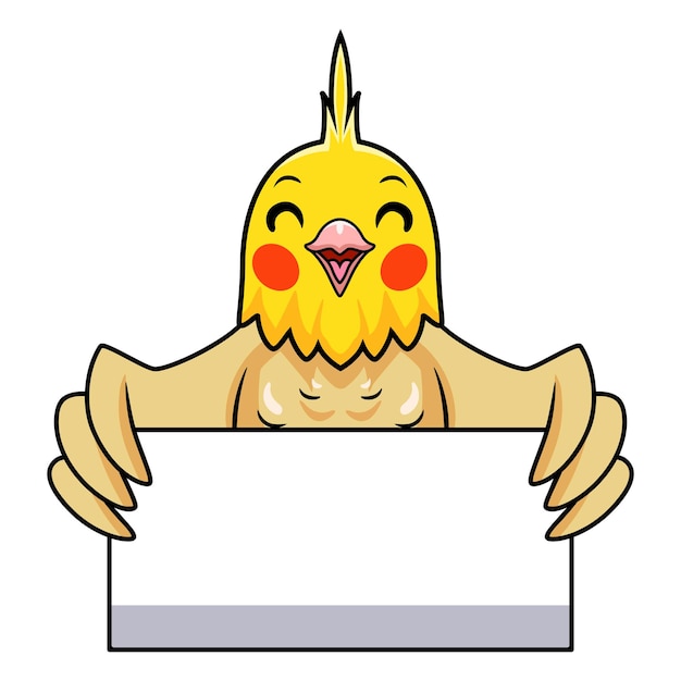 Vector cute lutino cockatiel bird cartoon holding blank sign