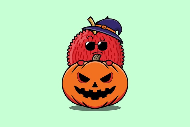 Cute Lychee cartoon character hiding in pumpkin halloween illustration in flat modern design