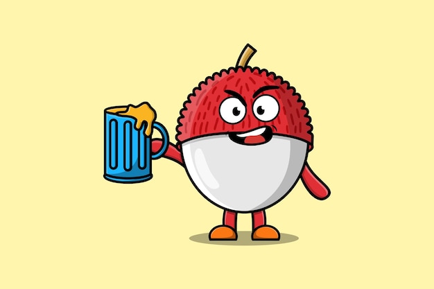 Cute Lychee cartoon mascot character with beer glass and cute stylish design flat illustration