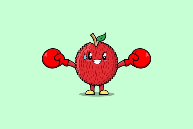 Cute Lychee mascot cartoon playing sport with boxing gloves and cute stylish design