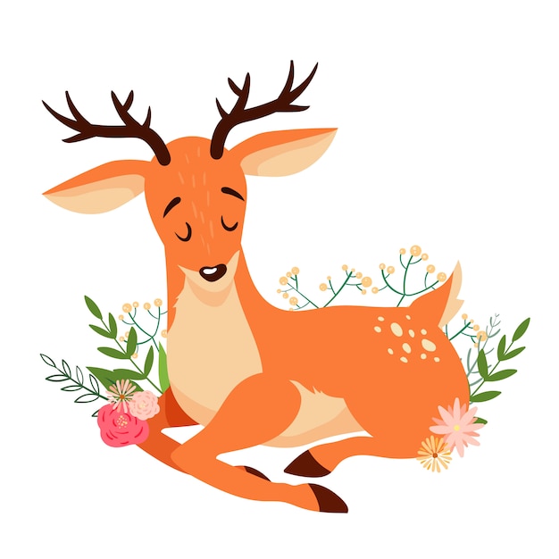 Cute lying cartoon deer with floral elements.