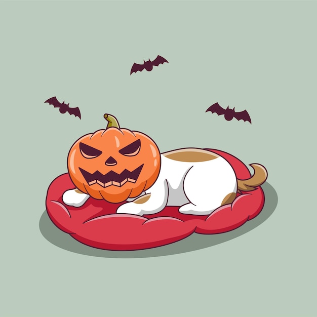 Cute lying down dog cartoon wearing pumpkin mask. dog mascot cartoon character