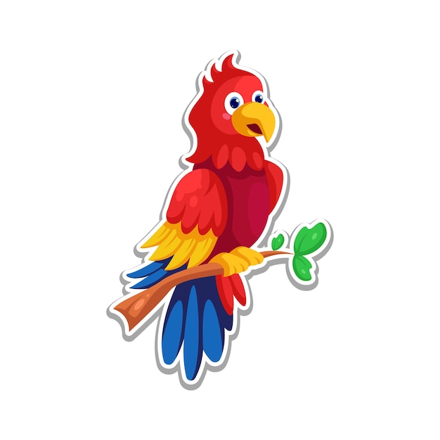 Cute macaw bird perched on a tree branch cartoon illustration