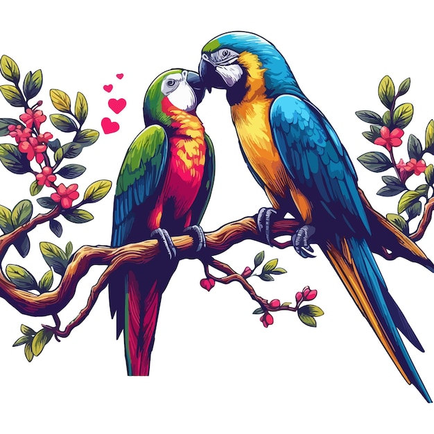 Cute macaw parrot cartoon on tree branch love moment vector pop art