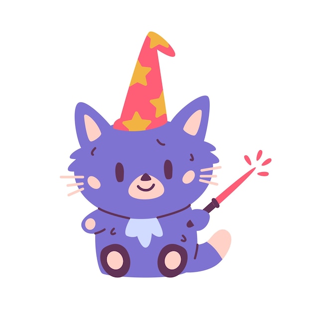 Cute magic cat in a cap holding magic wand character