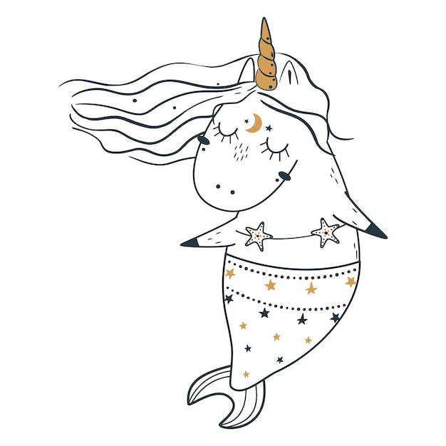 Cute magic celestial unicorn in doodle style. Vector illustration.