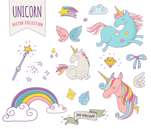 Vector cute magic collection with unicon, rainbow, fairy wings and stars