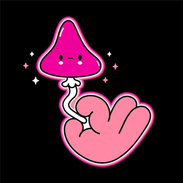 Cute magic mushroom in hand t-shirt print design. vector hand drawn logo cartoon character illustration. trippy psilocybin magic mushroom, cute kawaii face print for t-shirt,poster,sticker concept