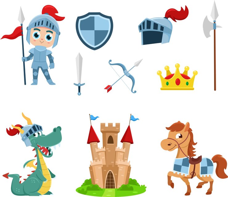Vector cute magic prince knight boy cartoon characters vector flat design collectie set