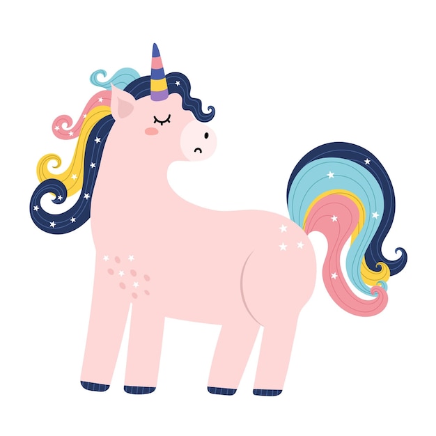 Vector cute magic unicorn character beautiful fairy tale animal in cartoon style pink pony