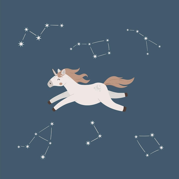 Cute magic unicorn fly in sky with stars Cartoon dream pony vector illustration