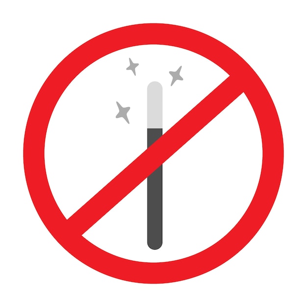 Cute magic wand with decorative elements of stars in grayscale under the ban sign sticker icon
