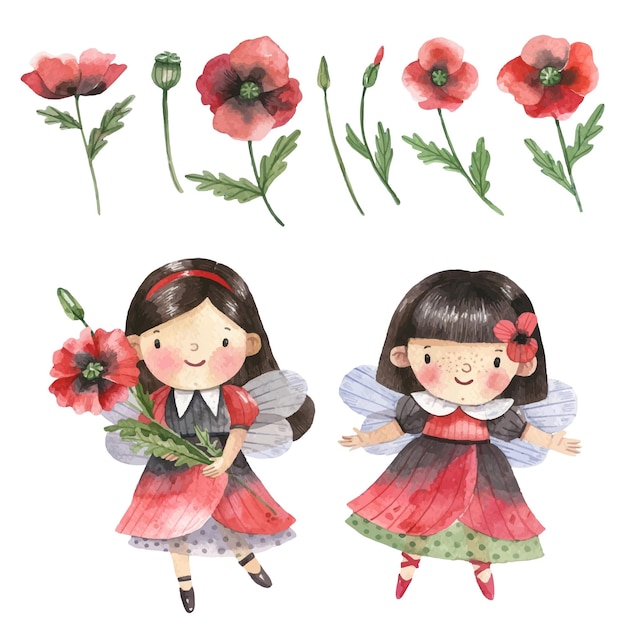 Cute magical characters and flowers watercolor illustrations set Fairies in red dresses poppies