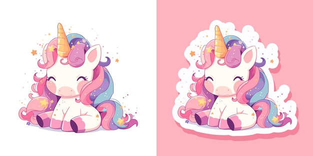 Cute magical fairy unicorn rainbow pastel colors vector design sticker isolated on white background