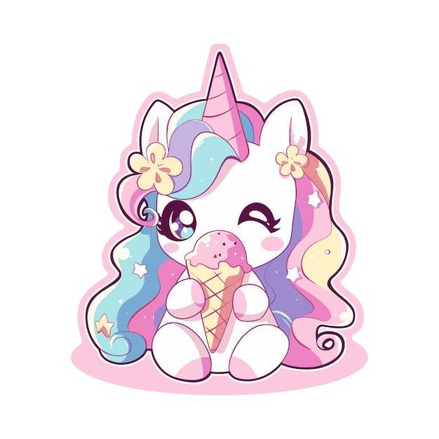 Cute magical fairy unicorn rainbow pastel colors vector design sticker isolated on white background