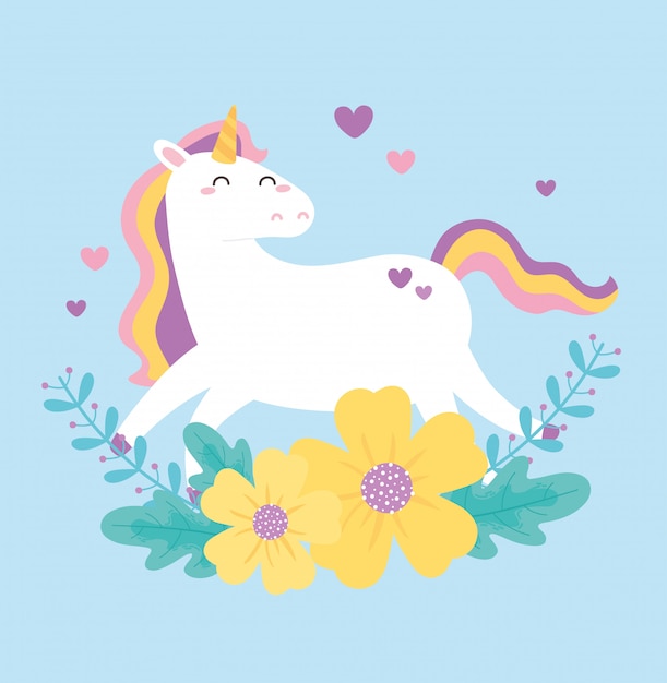 かわいい魔法のユニコーンの花の心愛動物漫画のベクトル図
