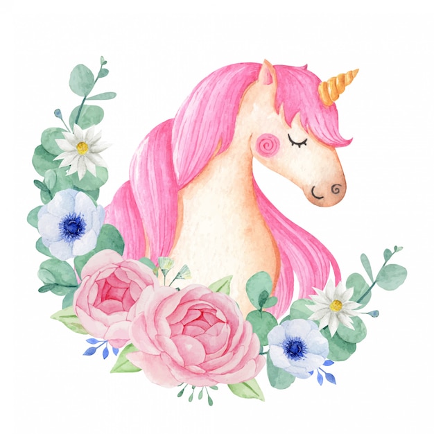 Vector cute and magical watercolor unicorn with flowers isolated in white background.