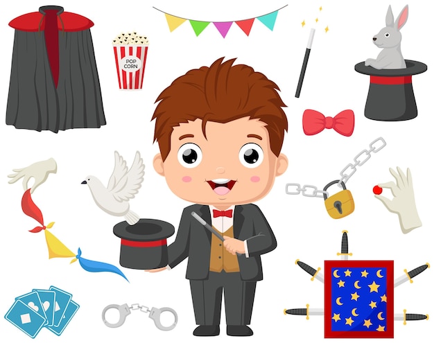 Vector cute magician kid with magic elements collection