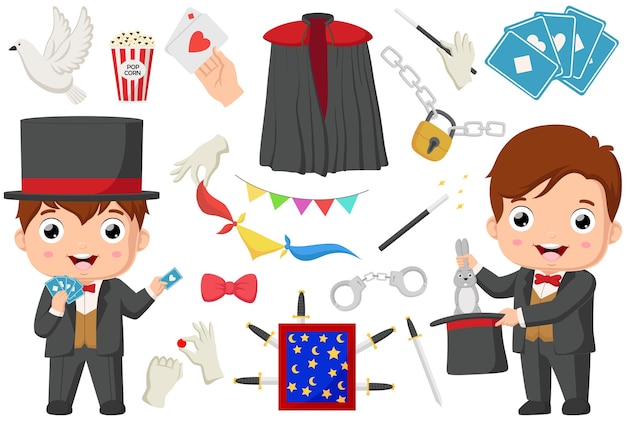 Vector cute magician kid with magic elements collection