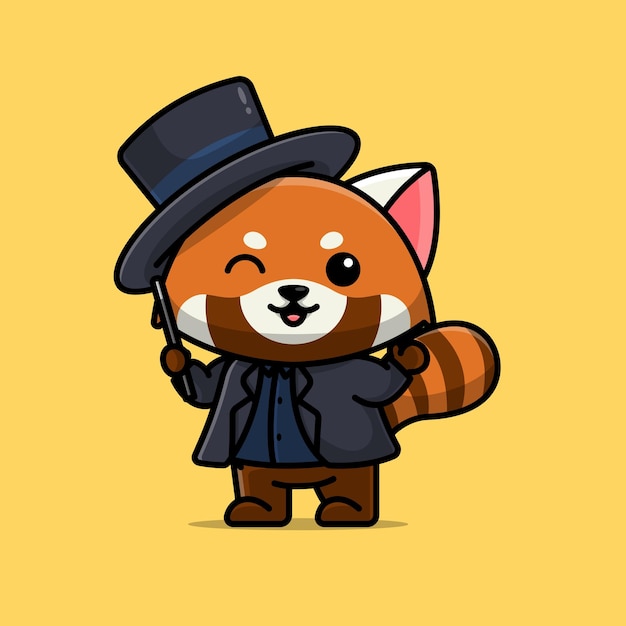 Vector cute magician red panda cartoon vector illustration animal proffession concept icon isolated