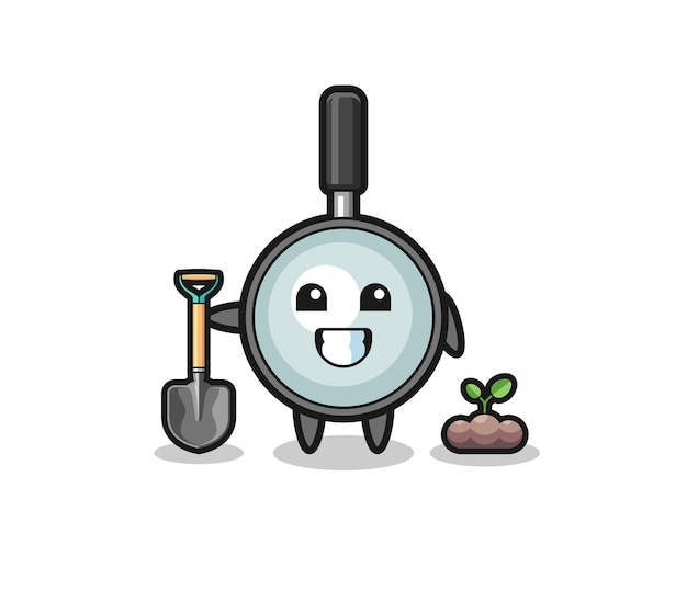 Cute magnifying glass cartoon is planting a tree seed