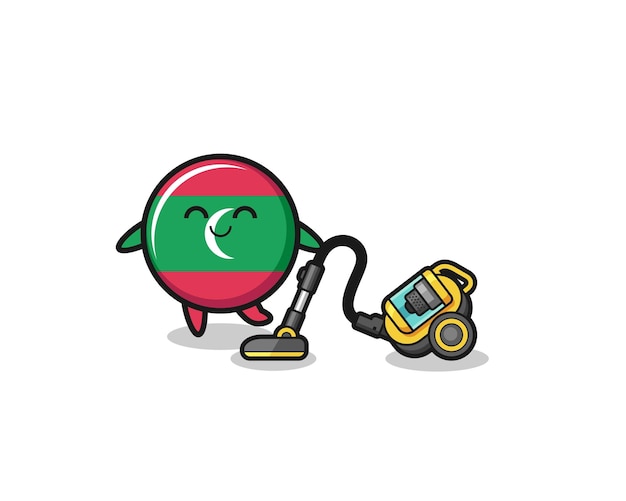 掃除機のイラストを保持しているかわいいモルディブの旗