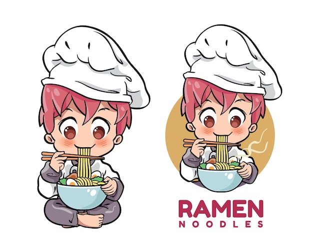 Cute male chef eating a bowl of ramen noodles