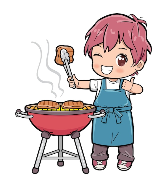 Vector cute male chef grilling meat