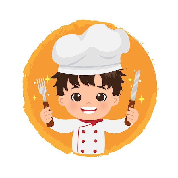 Симпатичный мужской логотип шеф-повара, держащий нож и вилку с большой улыбкой.